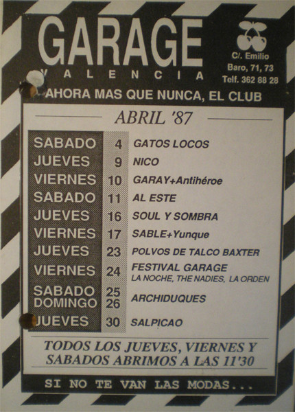 Programación de Garage Arena. Abril de 1987.