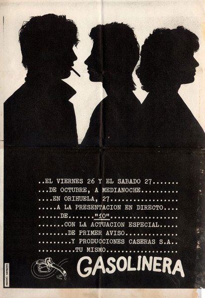 Cartel de IO con los perfiles de Natanson, Félix Valls y Nano Payá realizado por Xus Espert para un concierto en Gasofa. 1985.