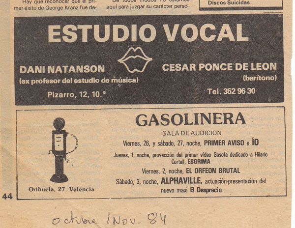 Publicidad en la desaparecida cartelera semanal Qué y Dónde. 1984.